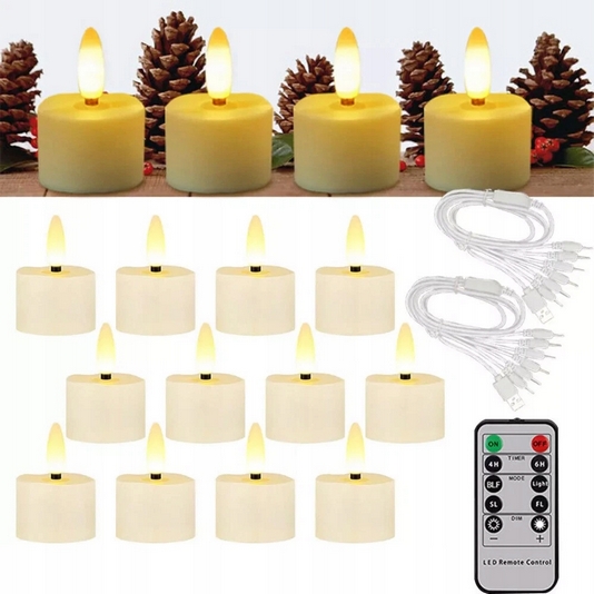 Nabíjateľné LED sviečky s diaľkovým ovládaním, sada 12 ks